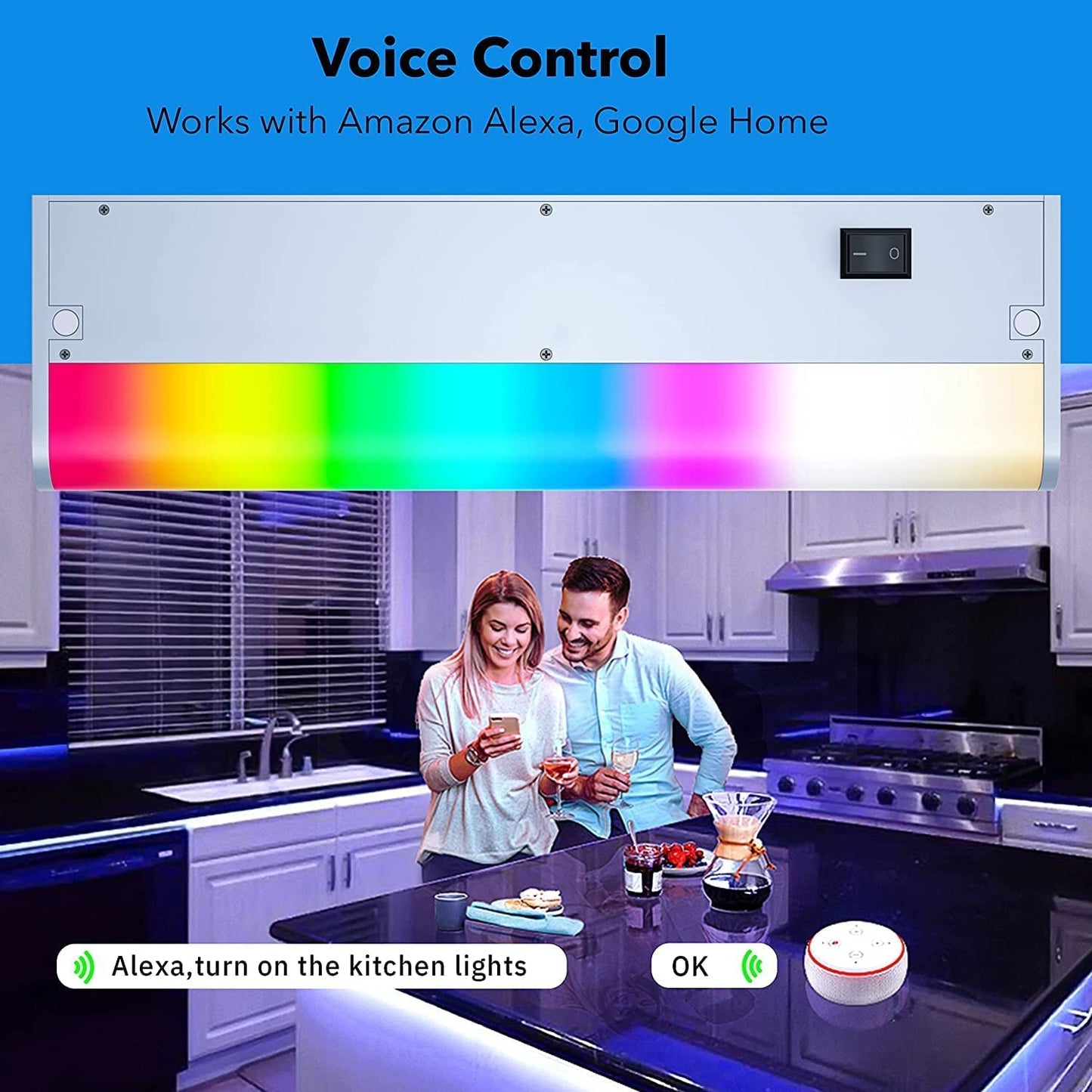 LAMPAOUS LED Under Cabinet Lighting, Smart Dimmable RGB & White, Hardwired, 2-Bar 24 Inch, Aluminum, Model LPS-FS-9, White
