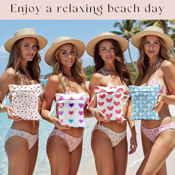 4 Pack Wet Bag for Swimsuit, Beach Travel Essentials Wet Dry Bag, for Sunscreen Toiletry Dirty Clothes Yoga Gym Diaper, Friend Summer Beach Vacation Gifts. Various heart shapes