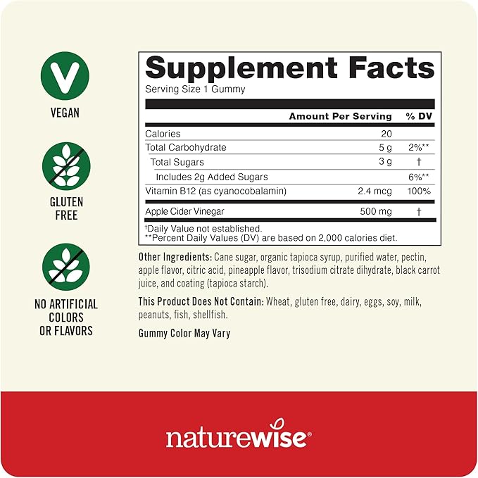 NatureWise Apple Cider Vinegar Gummies - 1000mg ACV per 2 + Vitamin B12 - Pectin Based Vegan, Gluten-Free, Non-GMO - 60 Count[30-Day Supply for 1000mg or 2-Month Supply for 500mg]