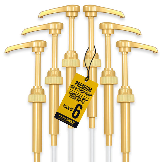 6 pack Coffee Syrup Pump Dispenser (Gold) - Compatible with Torani, Davinci and Skinny Syrup Bottles (750 ml 25.4 oz Bottles)