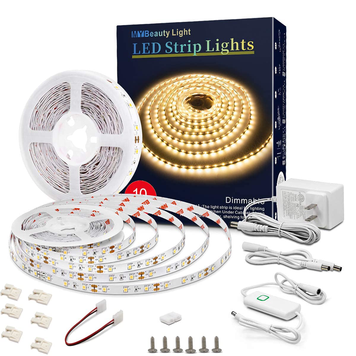 MY BEAUTY LIGHT LED Strip Lights Warm White 32.8FT Dimmable Flexible Rope Lights with Power Supply and Accessories Model ZH117-3000K