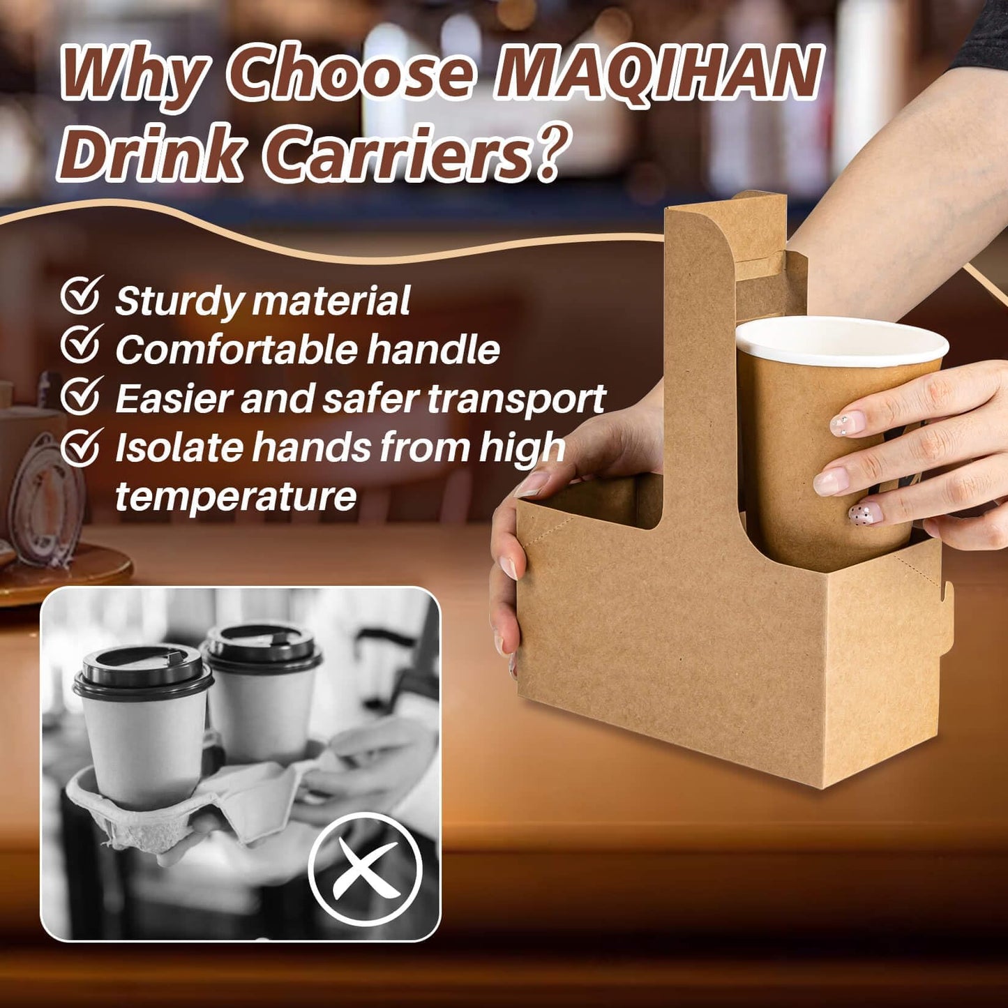 MAQIHAN 2 Cup Drink Carrier with Handle - 12Pcs Disposable Paper Cardboard Coffee Cup Holder Portable Drink Caddy Cup Carriers to go Cup Holder Food Delivery Accessories for Hot/Cold Drinks (Brown)
