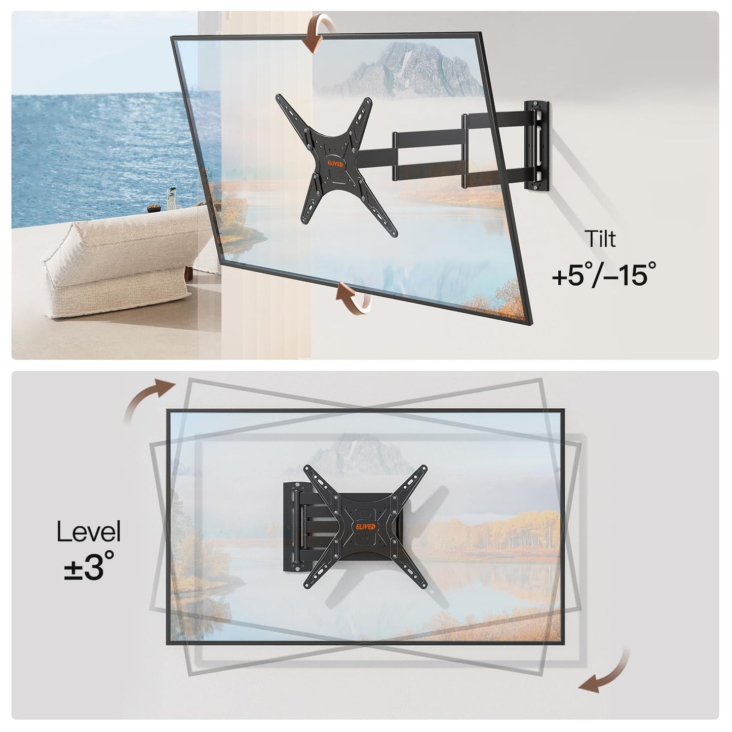 ELIVED Outdoor Long Arm TV Wall Mount for Most 26-65 Inch TVs, 37.4 Inch Long Extension TV Mount Swivel and Tilt, Max VESA 400x400mm, Full Motion Weatherproof Wall Mount tv Bracket Holds up to 77 lbs.