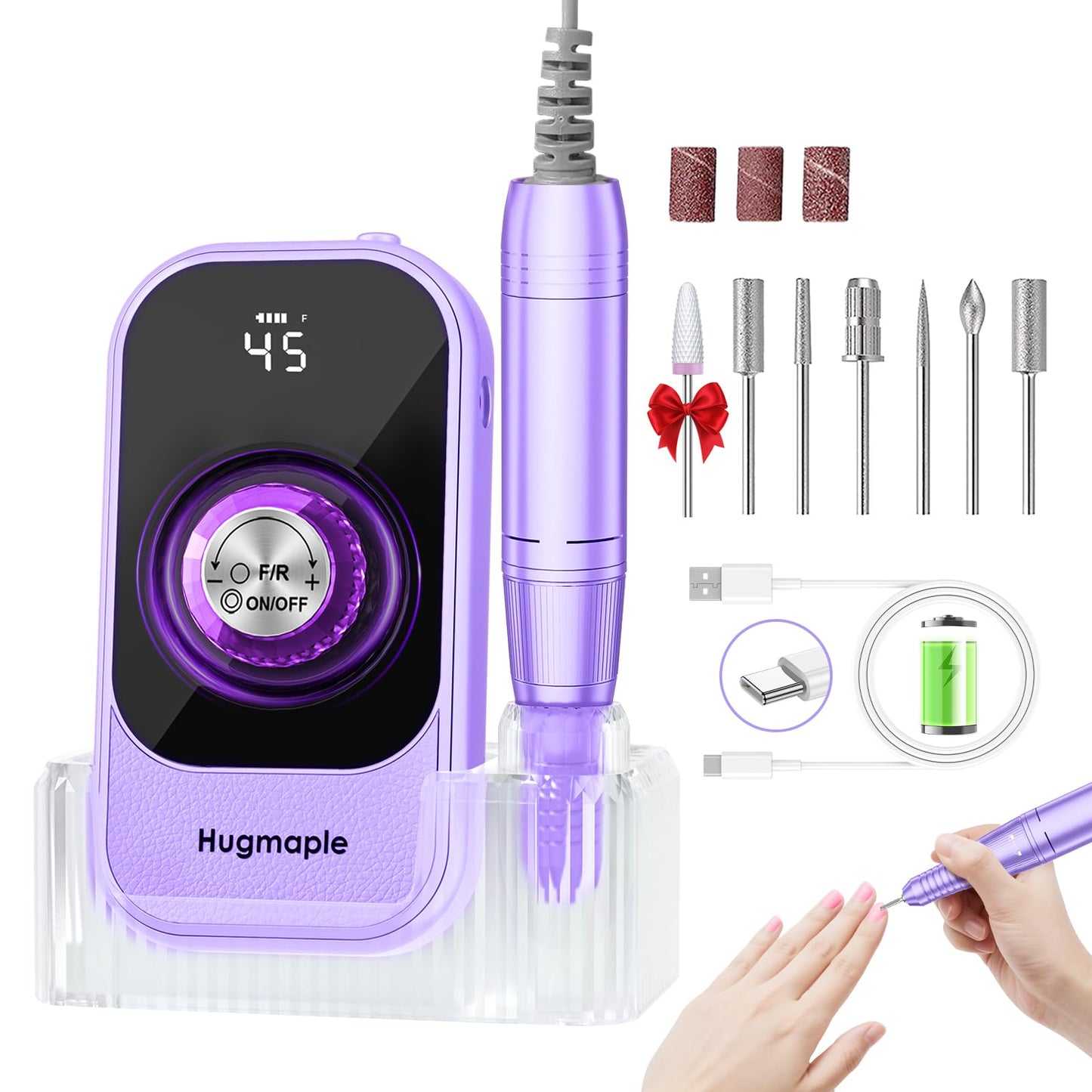 Professional Electric Nail Drill File, HUGMAPLE 45000RPM Portable E-File Machine with Bits & Base, Cordless Rechargeable Nail Dr
