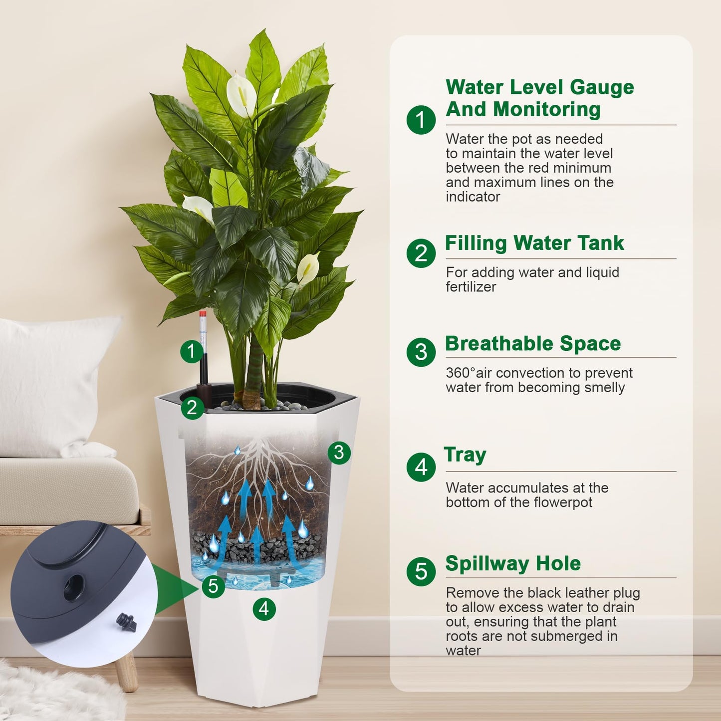 LuyFuitre Set of 2 Tall Planters for Outdoor Plants, 22.5 Inch Tall Planter Pots with Water Level Monitor, Wheels & Inner Bucket for Indoor Outdoor, White