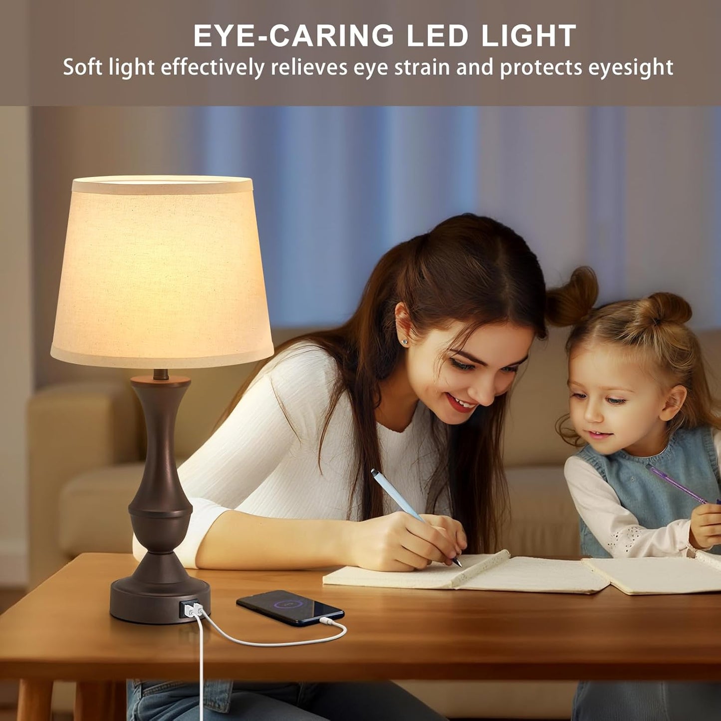 Luvkczc 22" Table Lamp Set of 2 - Vintage Brown Bedside Lamp with Beige Fabric Shade, 3-Way Dimmable, USB C+A Ports, Nightstand Lamp for Living Room Bedroom (Bulb Included)