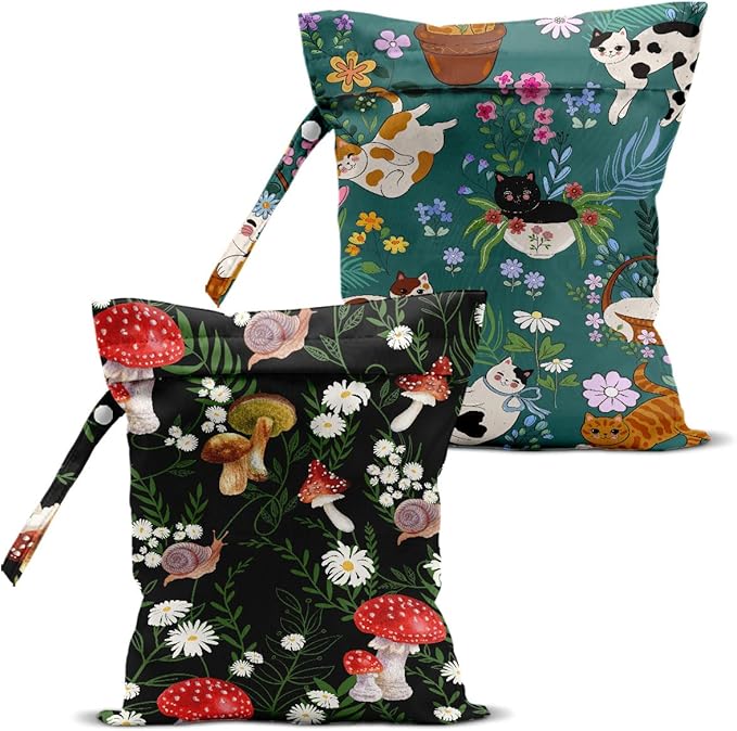 Cat Lover Gifts, 2Pcs Mushroom Cat Print Wet Bags, Wet Dry Bag Reusable Zipper Pouch for Swimsuit, Diapers, Beach, Dirty Yoga Gym Clothes, Toiletries, Waterproof Birthday Christmas Gifts