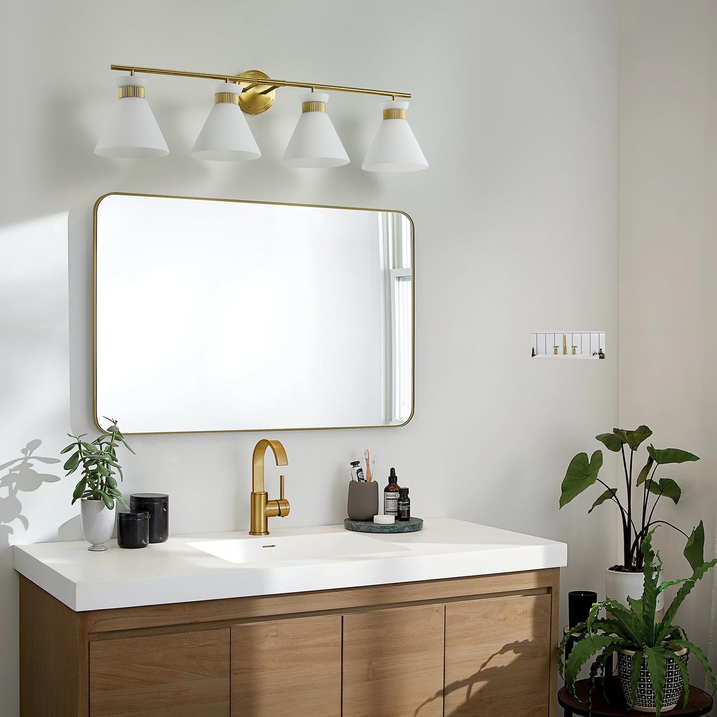Woshitu Bathroom Vanity Light - 4-Bulb Mid Century Modern Sconce, Brass Gold, Frosted Glass, Metal, Over Mirror Lighting