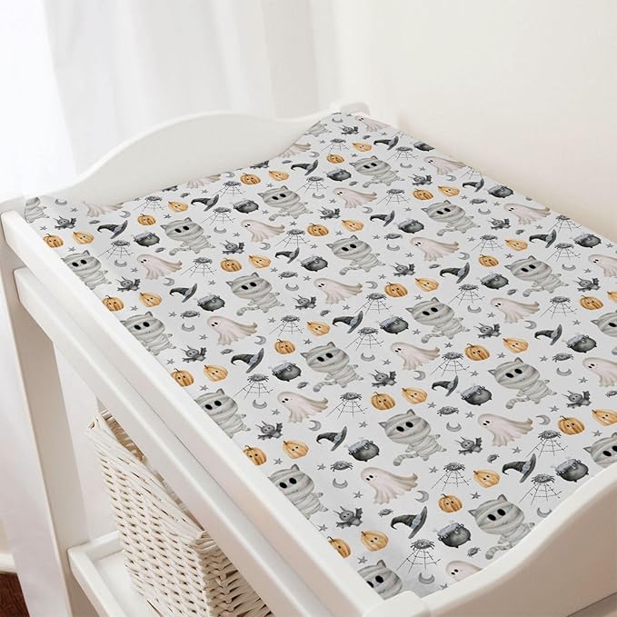 Spooky Halloween Friends Baby Changing Pad Covers Cute Ghost Cats Bats Pumpkin Witch Nursery Diaper Changing Table Sheets for Boy Girl Halloween Party Soft Stretchy Fitted Change Table Mats 32''x16''