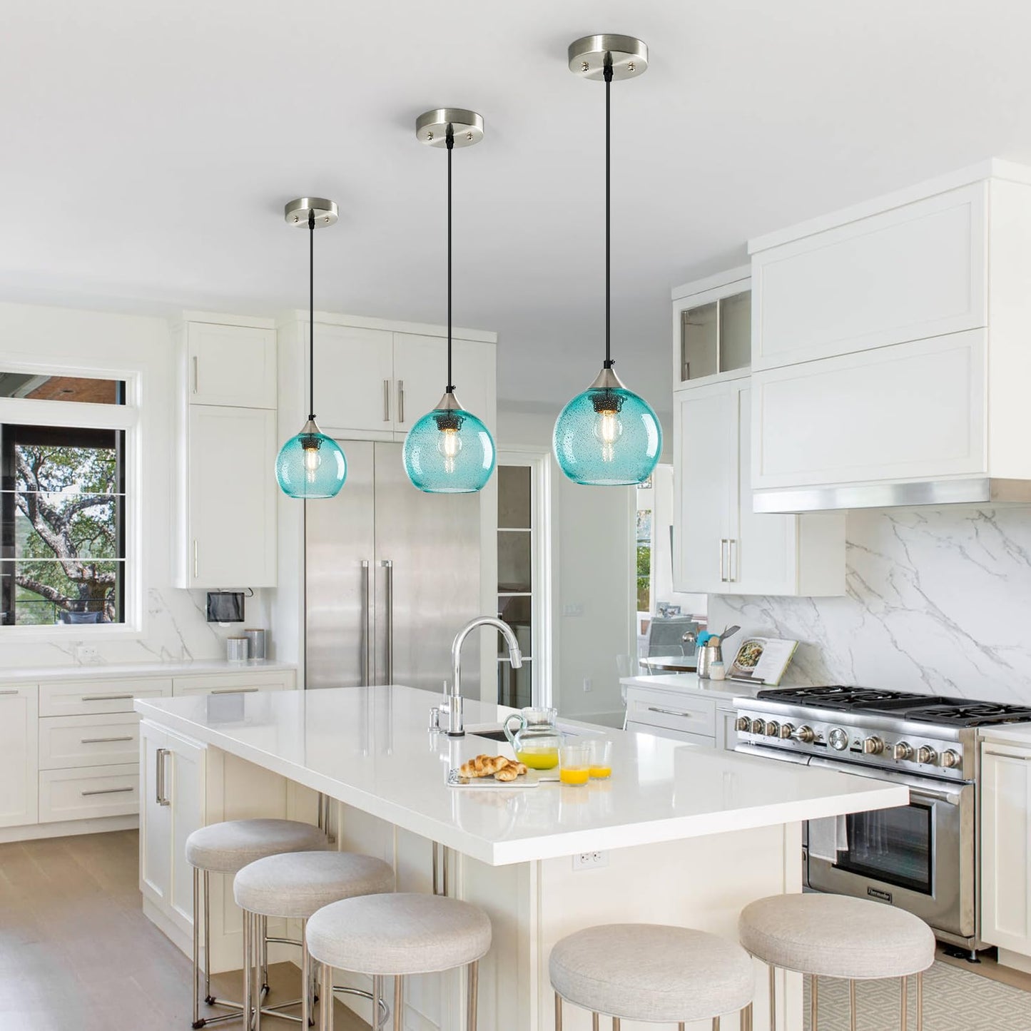 Lbsqj Light Blue Glass Pendant Lights Kitchen Island Globe Pendant Light Fixtures Modern Pendant Lighting For Bedroom Living Dining Room Light Fixture (5.9 In  2 Pack)