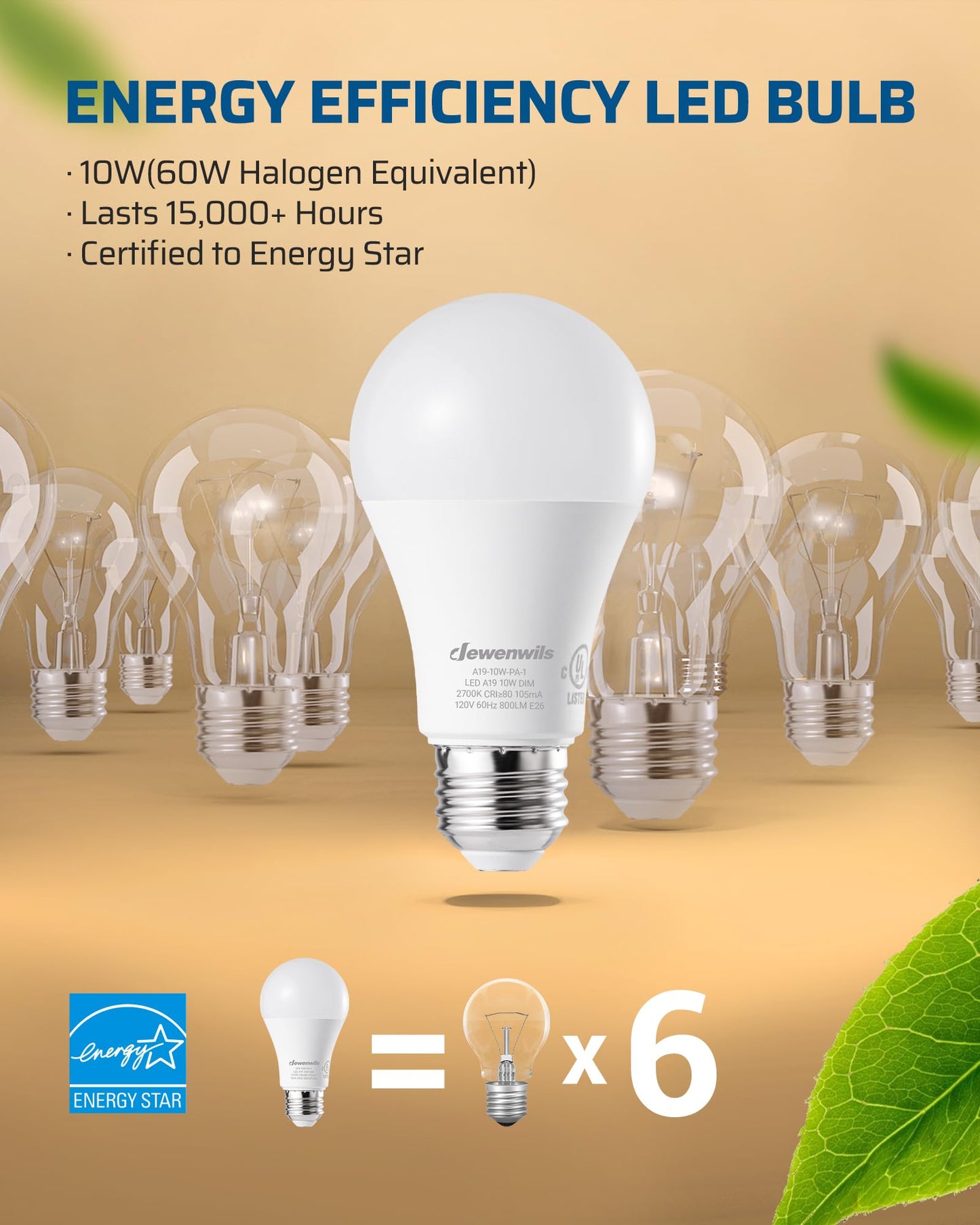 DEWENWILS 4-Pack A19 Dimmable LED Light Bulbs, 2700K Warm Light Bulbs, 800 Super Bright, 10W (60 Watt Equivalent) LED Bulb, E26 Base, UL Listed