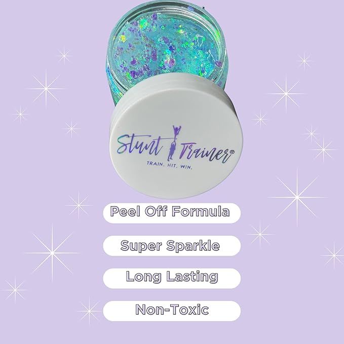 Stunt Trainer Cheer Glitter Face Body Makeup Peel Off Gel Chunky Holographic 15 Colors 1.6oz Vegan Cruelty Free Nontoxic Cheerleader Cheerleading Makeup