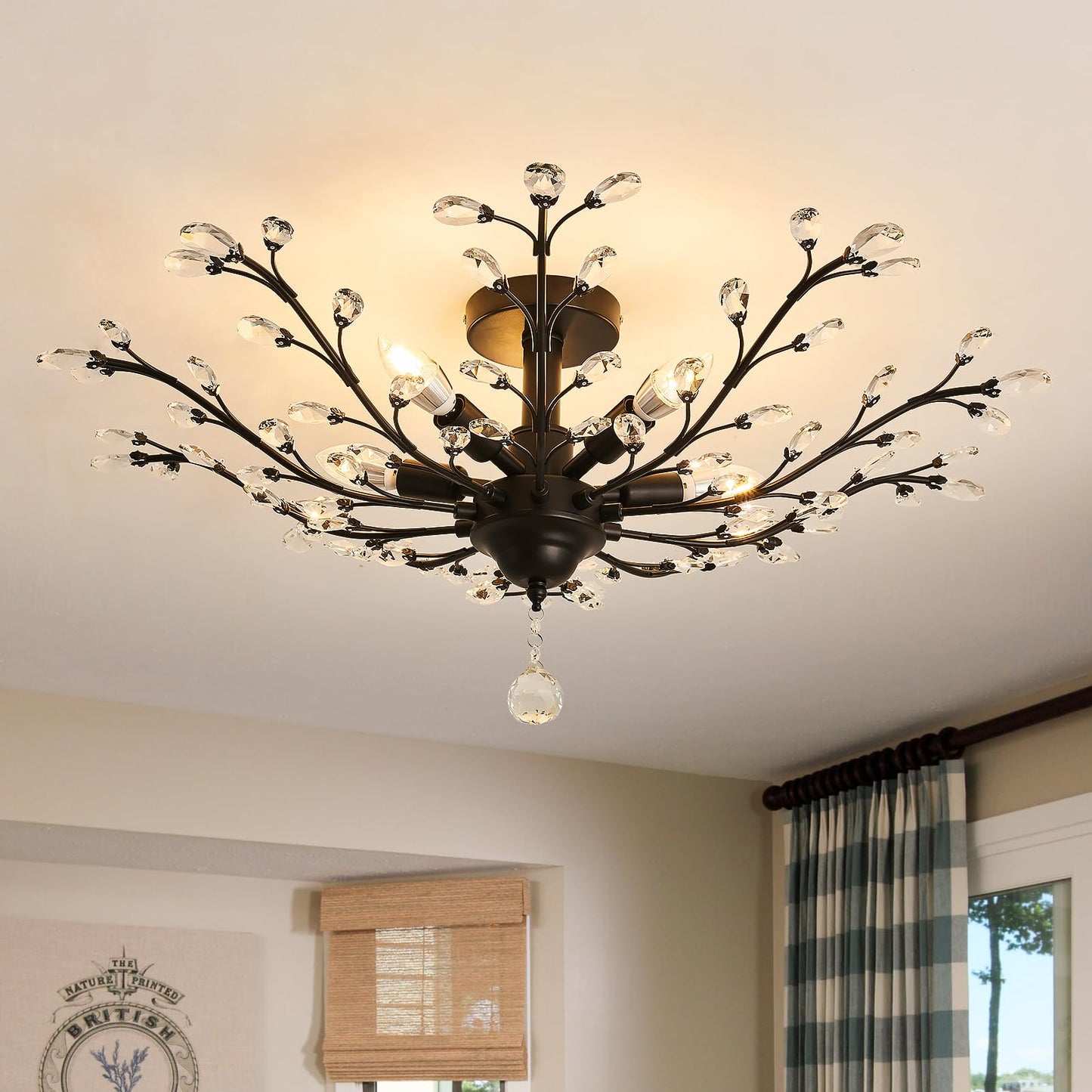 CVKASH 5-Light Vintage Crystal Chandelier Metal Semi Flush Mount 29.9 Inch Black Y-92