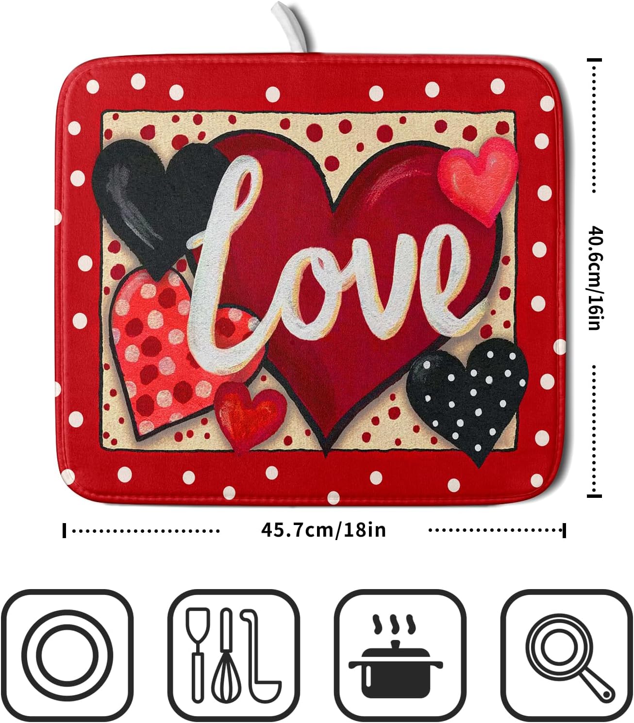 Love Heart Dish Drying Mat 16"x18" Red Dots Microfiber Dish Rack Mat Holiday Absorbent Fast Dry Draining Pad for Kitchen Counter Bar Sinks