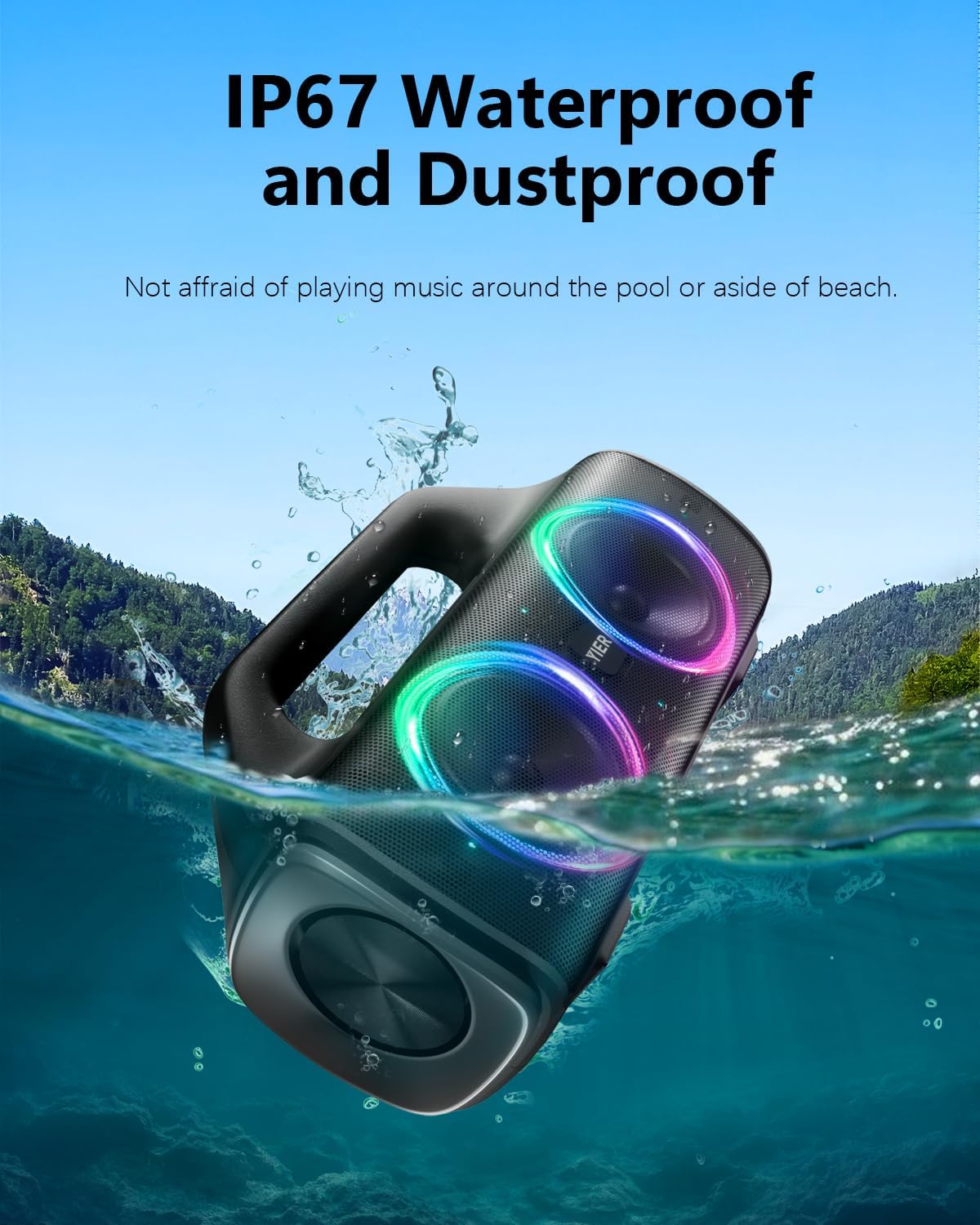 YIER Portable Wireless Speaker, 80W Peak, IP67 Waterproof, Deep Bass, Bluetooth 5.3, Black, Model BOOM HERO 1