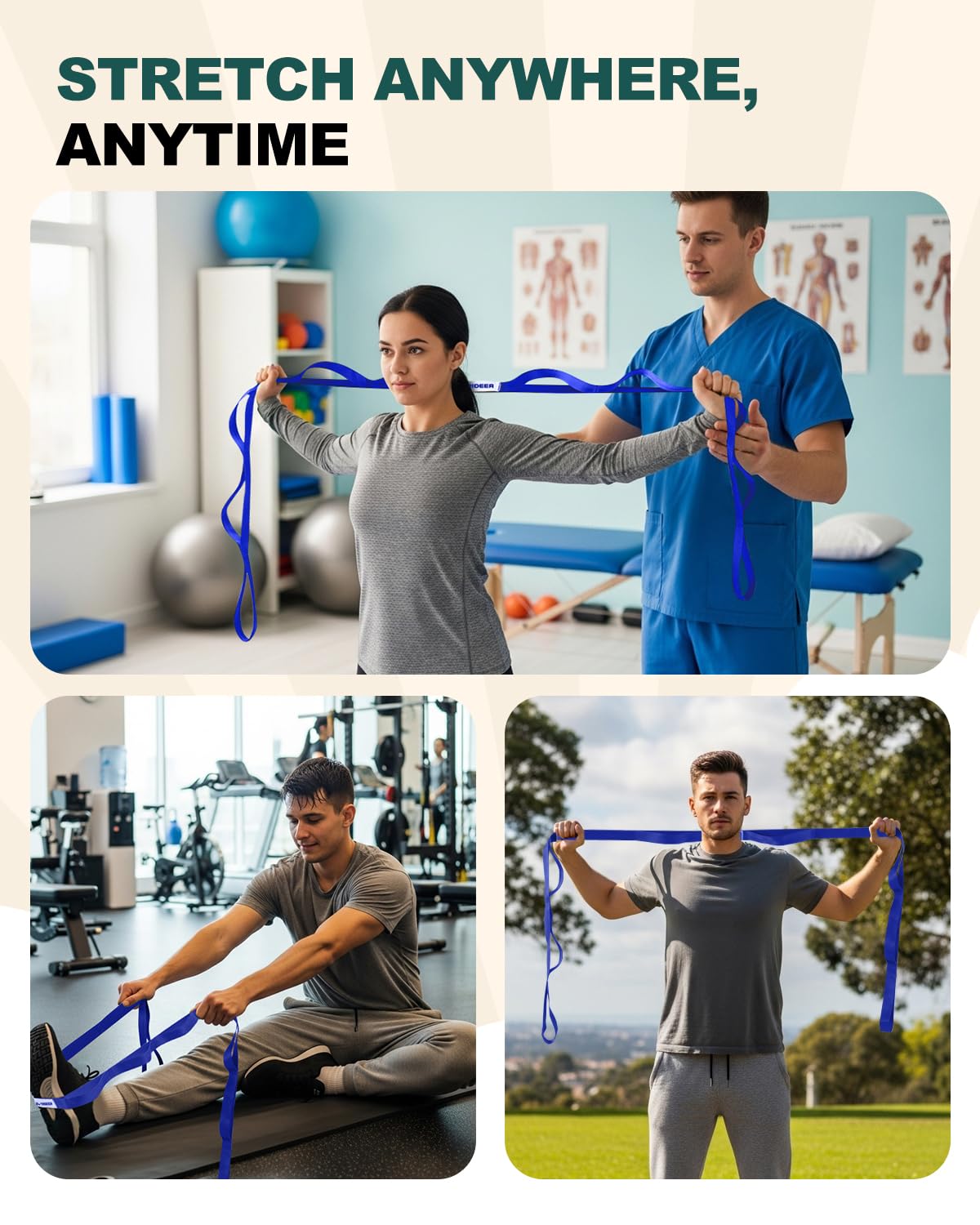Trideer Stretching Strap Yoga Strap Physical Therapy for Home Workout, Exercise, Pilates and Gymnastics, 10 Loops Non-Elastic Stretch Bands with Aesthetic Packaging for Women & Men (Dark Blue)