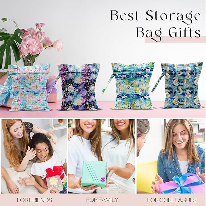 4 Pack Wet Bag for Swimsuit, Beach Travel Essentials Wet Dry Bag, for Sunscreen Toiletry Dirty Clothes Yoga Gym Diaper, Friend Summer Beach Vacation Gifts. Ocean Series