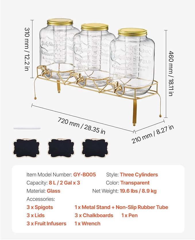 VEVOR Beverage Dispenser, 3 Pack 2 Gallon Drink Dispensers for Parties, Glass Juice Dispenser with Metal Stand, Stainless Steel Spigot, Infuser, Iced Tea Lemonade Juice Water Dispensers for Parties
