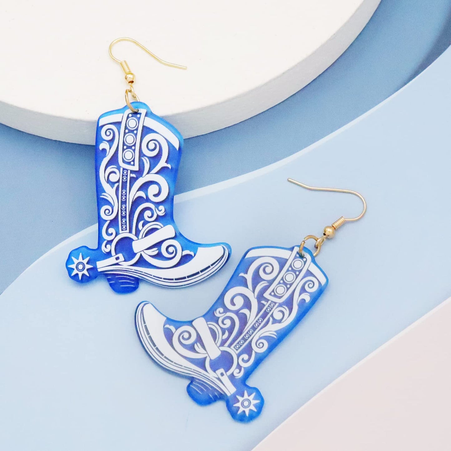 RechicGu Western West Cowgirl Texas Boots Spur Dangle Drop Earrings Rodeo Boho Fancy Dress Costume (Blue Boots)
