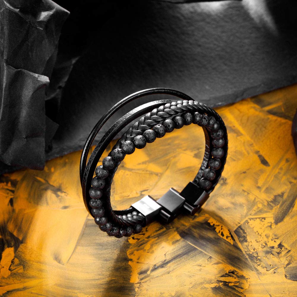 murtoo Mens Bead Leather Bracelet, Blue and Brown Bead and Leather Bracelet for Men (Black Bead)
