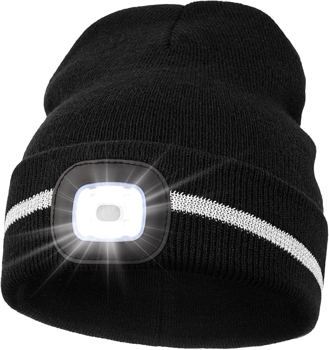 MELASA Reflective Stripe LED Beanie Safety High Visibility Winter Hat with Light for Outdoor Work Sports Gifts for Men Dad