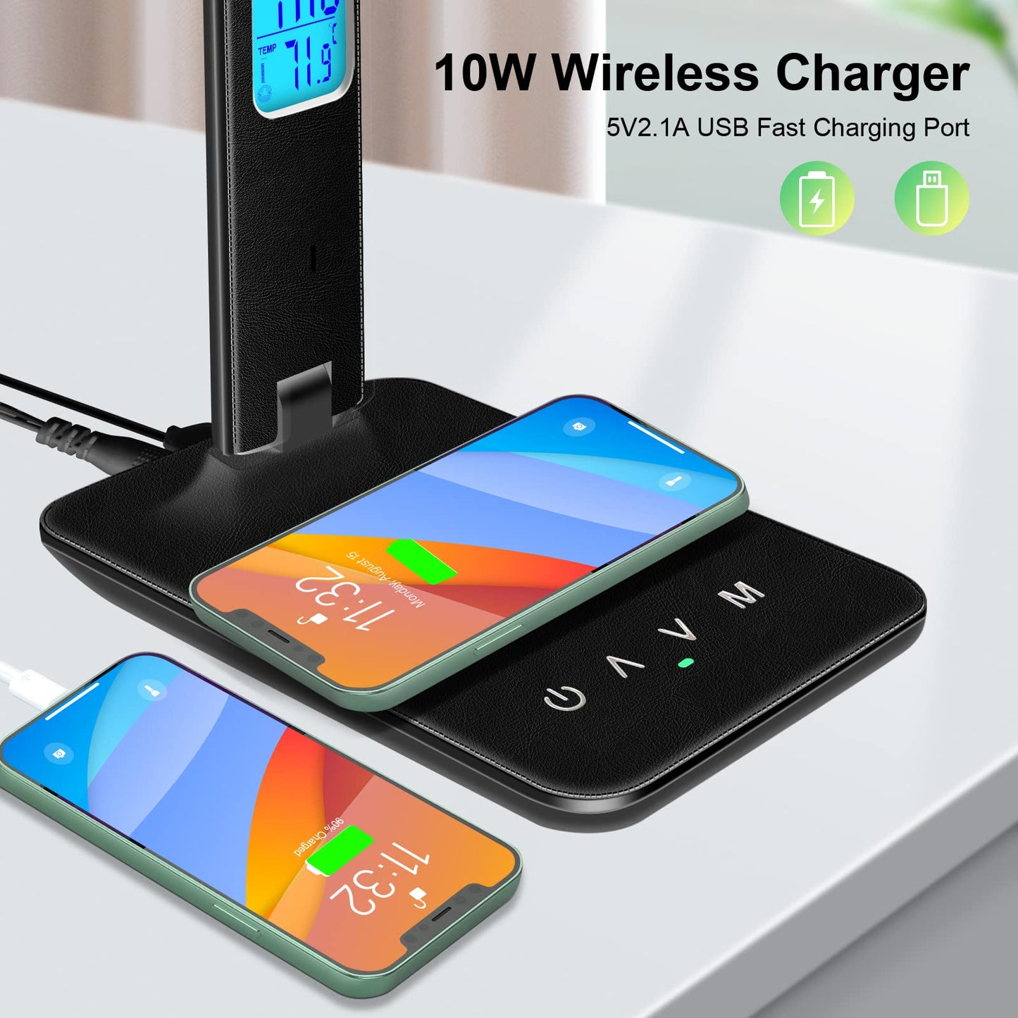 snsok Desk Lamp with Wireless Charger, USB Port, Dimmable, Clock, Alarm, Temperature, Foldable, Black, Model TX26C