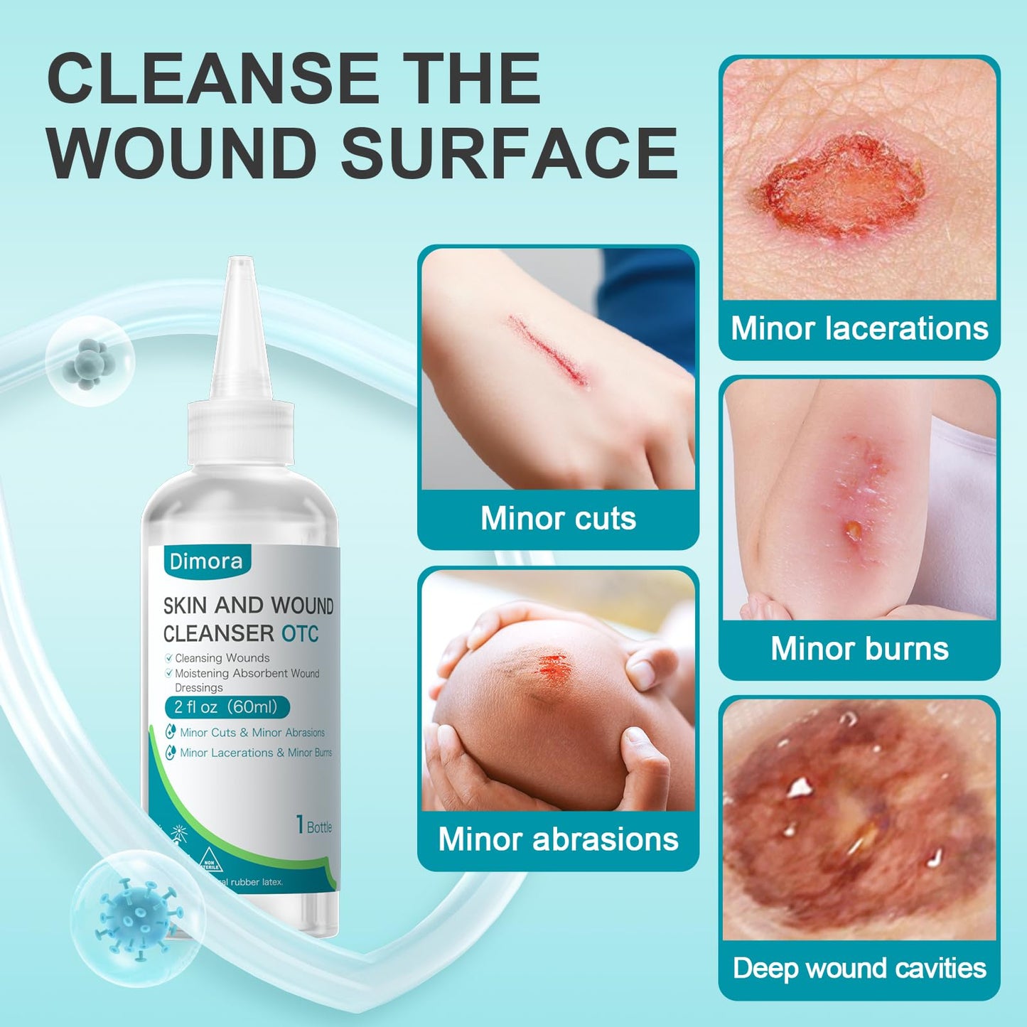 Dimora Portable First Aid Antiseptic Cleanser, OTC Antimicrobial Skin and Wound Cleanser for Cuts, Abrasions, Lacerations, Burns, Skin-Neutral pH – 3-Pack Travel Size, 60mL Each (6oz Total)