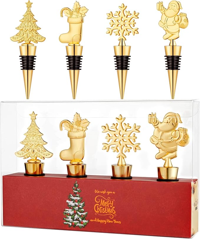 4 Pack Christmas Wine Stoppers, Alloy Xmas Wine Bottle Stoppers for Keeping Wine Fresh, Wine Accessories Gift for Hostess, Christmas Bottle Corkers, Winter Decor Bottle Stopper, Holiday Party Supplies