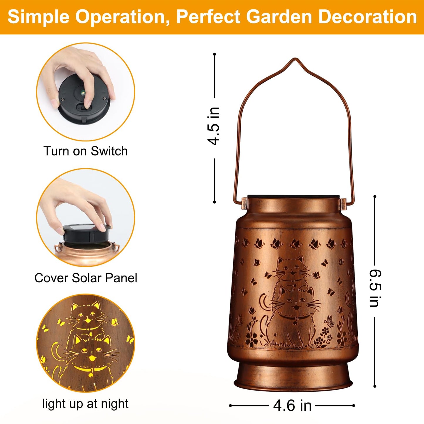 Solar Lantern Outdoor Hanging Waterproof Outside Metal Openwork Hummingbird Pattern Birthday Gifts For Women Mom Landscape Lights For Porch Garden Yard Patio Pathway Decor(Cat)