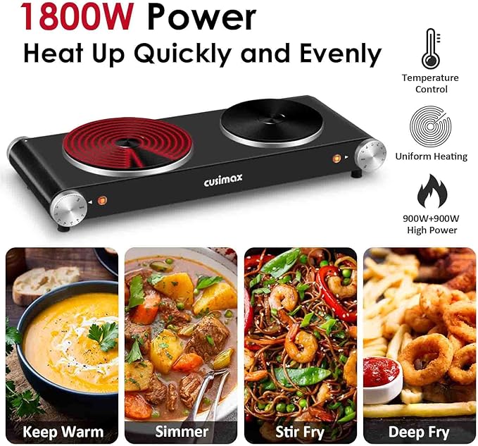 Cusimax Hot Plate for Cooking 1800W Portable Electric Double Burner Countertop Cooktop Cast Iron Stove Heating Plate with 7 Power Levels Adjustable Temp Control, Compatible for All Cookwares