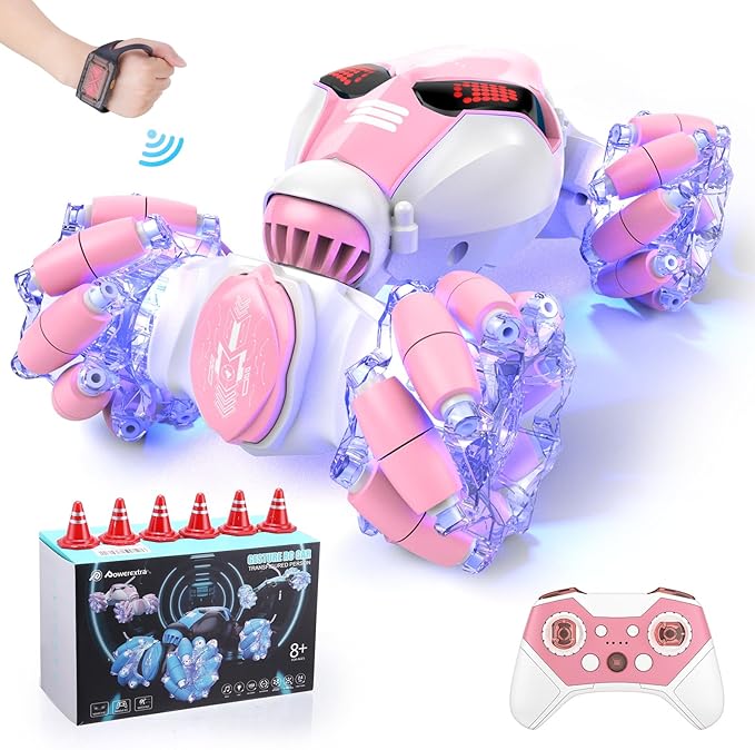 Gesture Sensing Rc Stunt Car with Light & Music, 2.4GH 4WD Hand Controlled Double Sided 360° Flips Off Road Transform Vehicle Truck with LED Eyes, Toy Gift for Kid Age 8+ Girls (Pink)