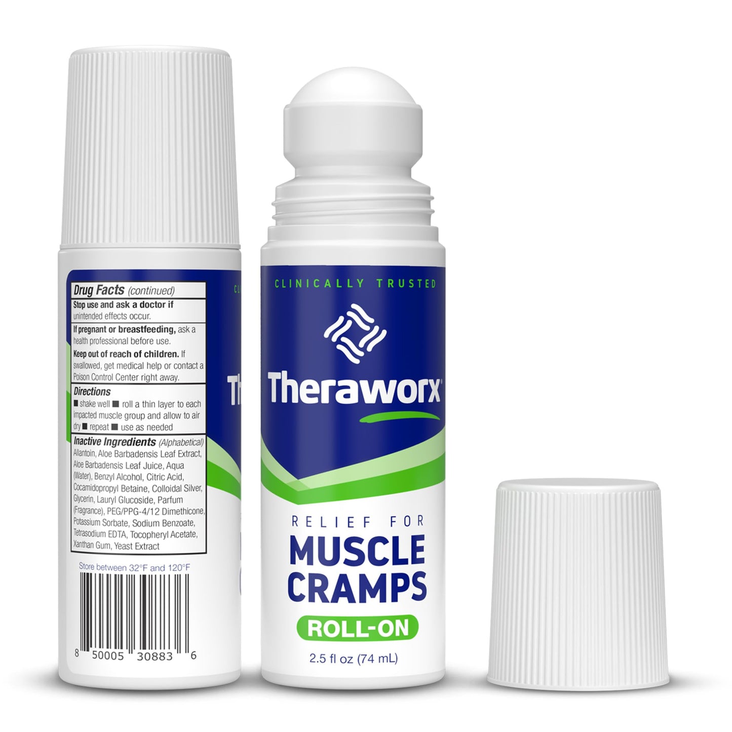 Theraworx Relief for Muscle Cramps Roll-On Fast-Acting Muscle Spasm, Leg Soreness with Magnesium Sulfate - 2.5 oz - 2 Count
