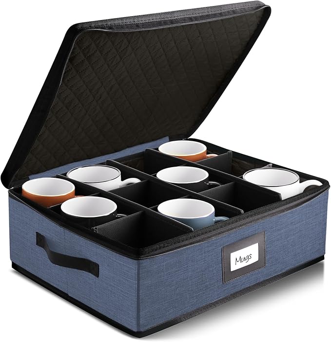 Hearth & Harbor Coffee Mug Storage, Quilted and Stackable Coffee Cup Storage Organizer for Service of 12, Mug Storage Box with Dividers, China Containers Hard Shell for Moving and Organization, Blue