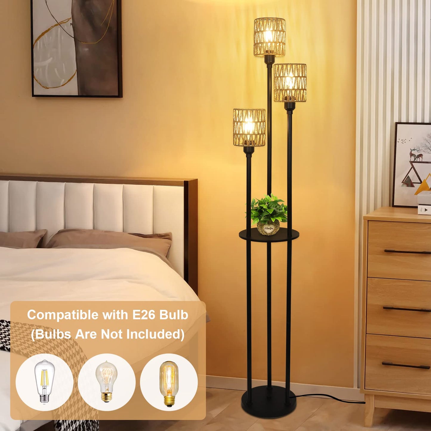 Stepeak Boho Floor Lamp - 3-Light Rustic Standing Lamp With Rattan Shades, Black - Model 221105A1 For Living Room, Bedroom, Office
