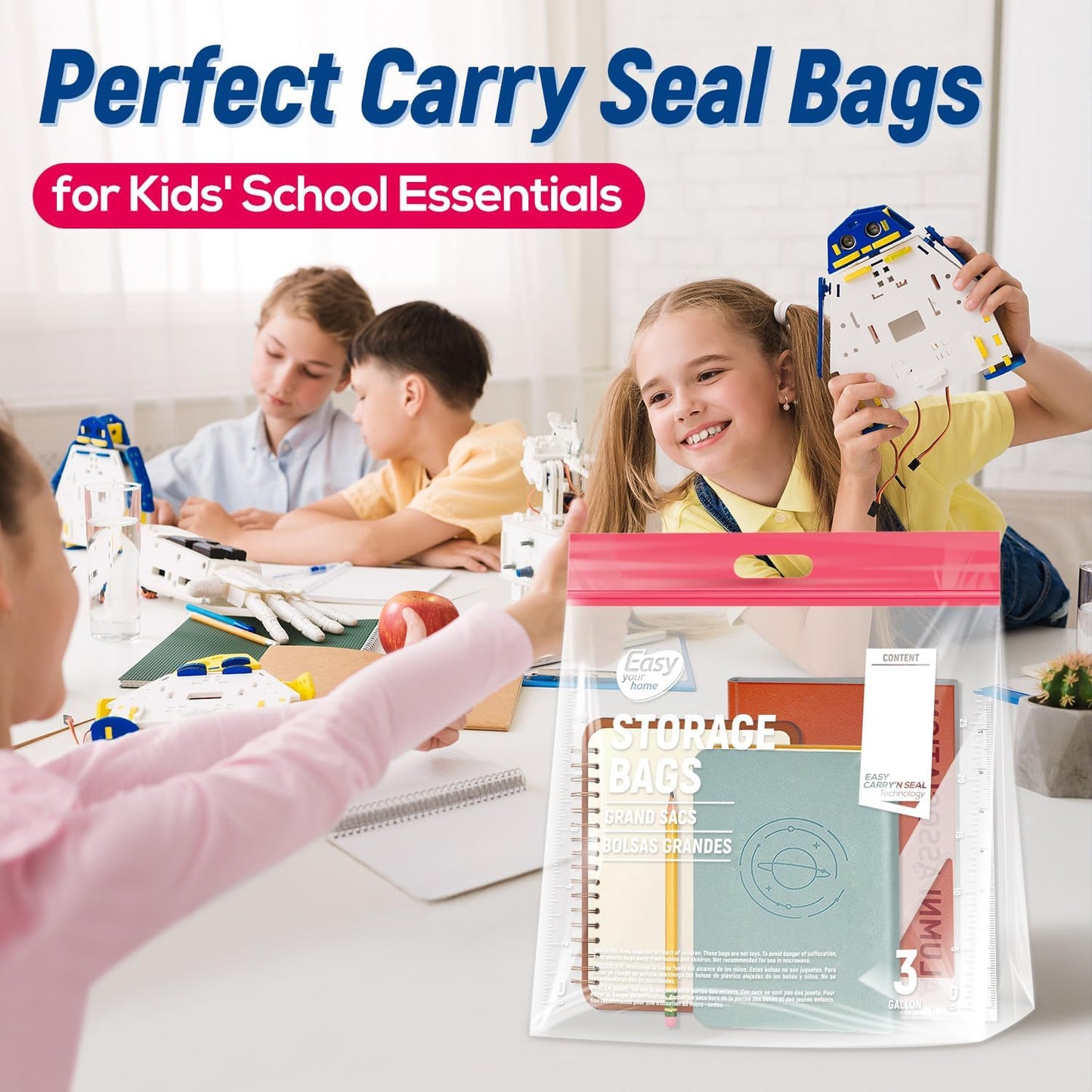 EASYYOURHOME 3 Gallon Zipper Lock Plastic Bags with Handle and Bottom,16"x18"x5'',Extra Large Size Reusable Storage Bag with Double Zip for Clothing,Travel,Moving,Beach,BPA-Free,3-Mil Thick