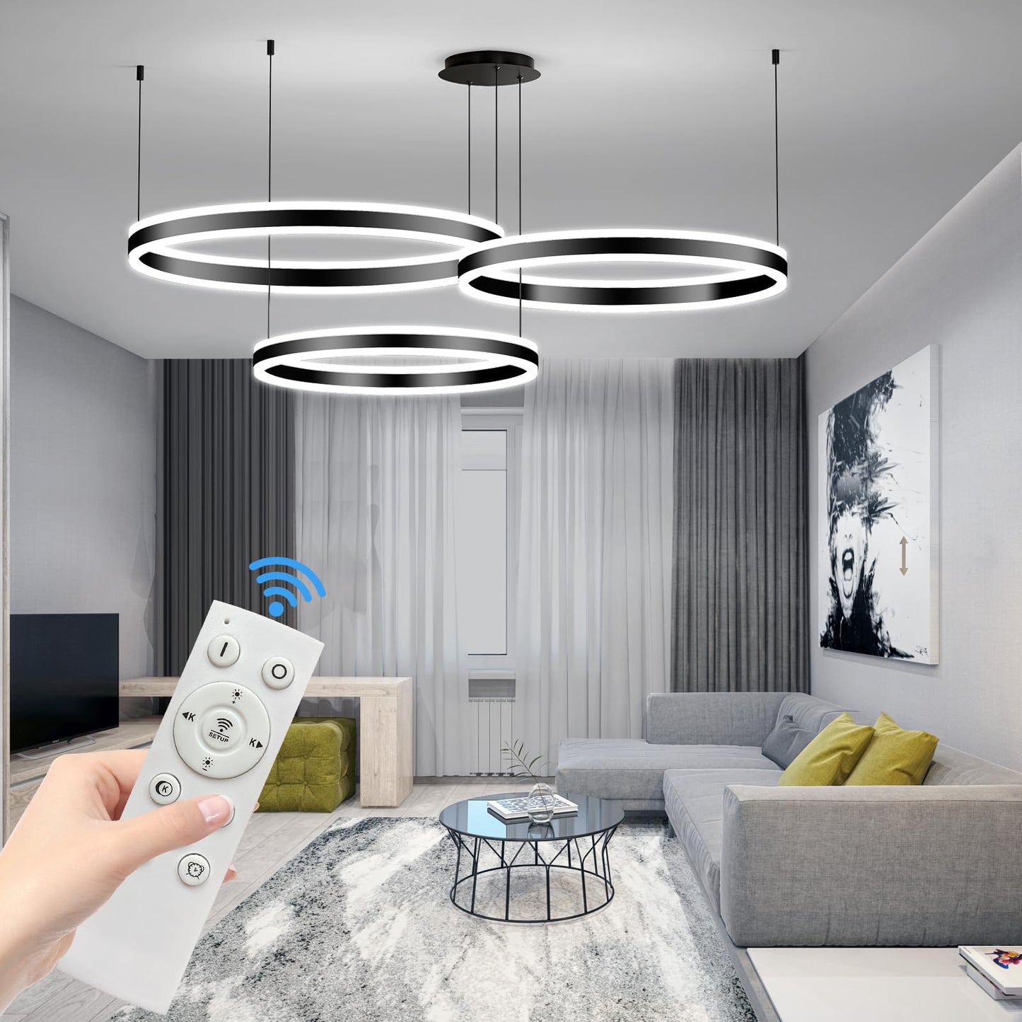 Mikeru Modern LED Chandelier Light, Remote Control, Adjustable 3000K-6500K, Aluminum, 15.7+23.6+31.5IN, C-Black