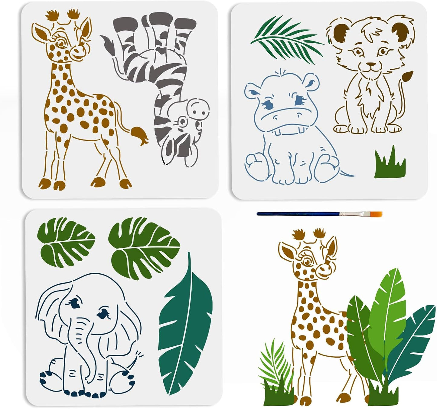 MAYJOYDIY 3pcs Small Animal Stencils Giraffe Zebra Lion Rhinoceros Elephant Tropical Leaves Painting Stencils 11.8×11.8inch with Paint Brush DIY Craft for Wood Wall Fabric Decors