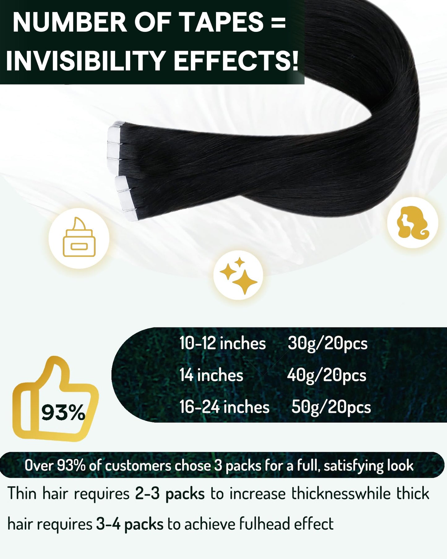 RUNATURE Tape in Hair Extensions Human Hair Jet Black, 30 Inch Tape in Extensions for Women, Long Straight Hair Extension Tape i