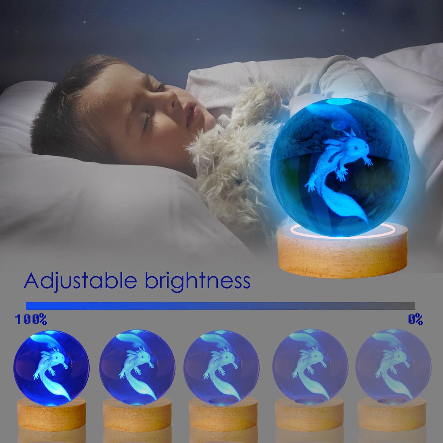 LINSINA Axolotl Crystal Ball Night Light Lamp, 3D K9 Glass, 16 Colors, 3.15in, Wooden Base, Remote Control, Model lamp-01