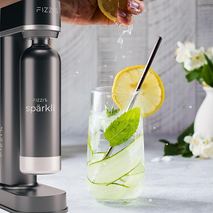 Black Sparkling Soda Water Maker with 2 CO2 Cylinders & 2 Stainless Steel Reusable Bottles, Includes 1 x Black Stainless Reusable Bottle & 1 x White Stainless Reusable Bottle