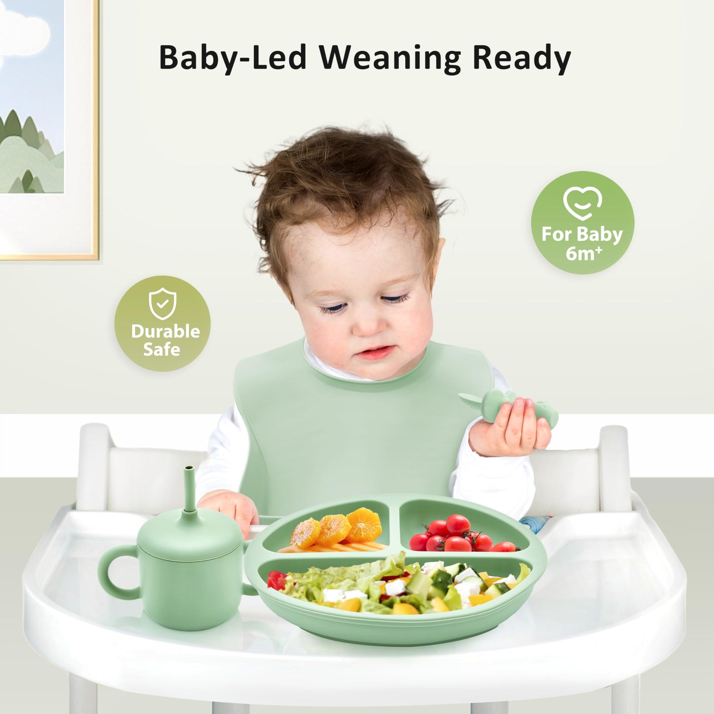 Bufims Silicone Baby Feeding Set, Baby Led Weaning Supplies, Eating Essentials Utensils with Suction Plate and Bowl, Pocket Bib, Sippy Cup with Lid, Forks Spoons Snack Container, for 6+ Months, Green