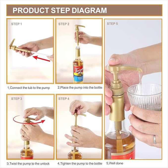 6 Pcs Coffee Syrup Pump Dispenser - Premium Skinny Syrup Pumps Fit for 25.4oz Torani Davinci Syrup Bottles (Gold)