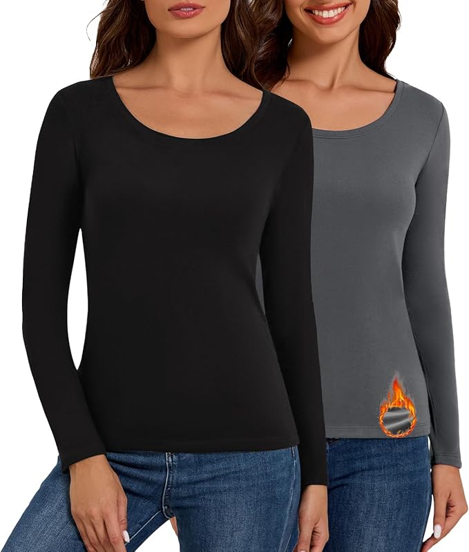 Bonneuitbebe Women's Thermal Shirt 2 Pack Long Sleeve Crewneck Fleece Lined Undershirt Ultra Soft Base Layer Tops