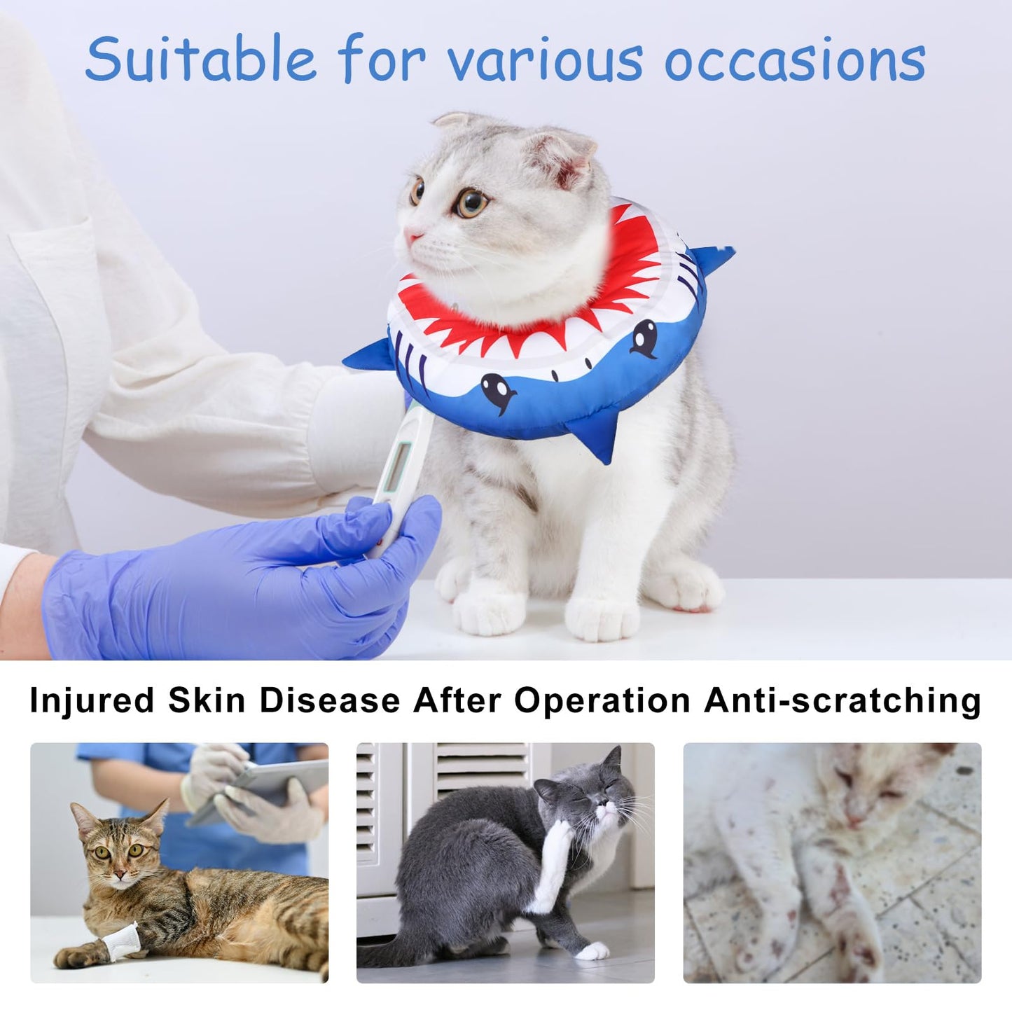BEAUTYZOO Cat Cone Collars Soft, Cat Recovery E Collars After Surgery to Stop Licking, Adjustable Elizabeth Circle Collar Cute Pet Donut Pillow for Cats Kitten Small Dogs, Cute Shark S