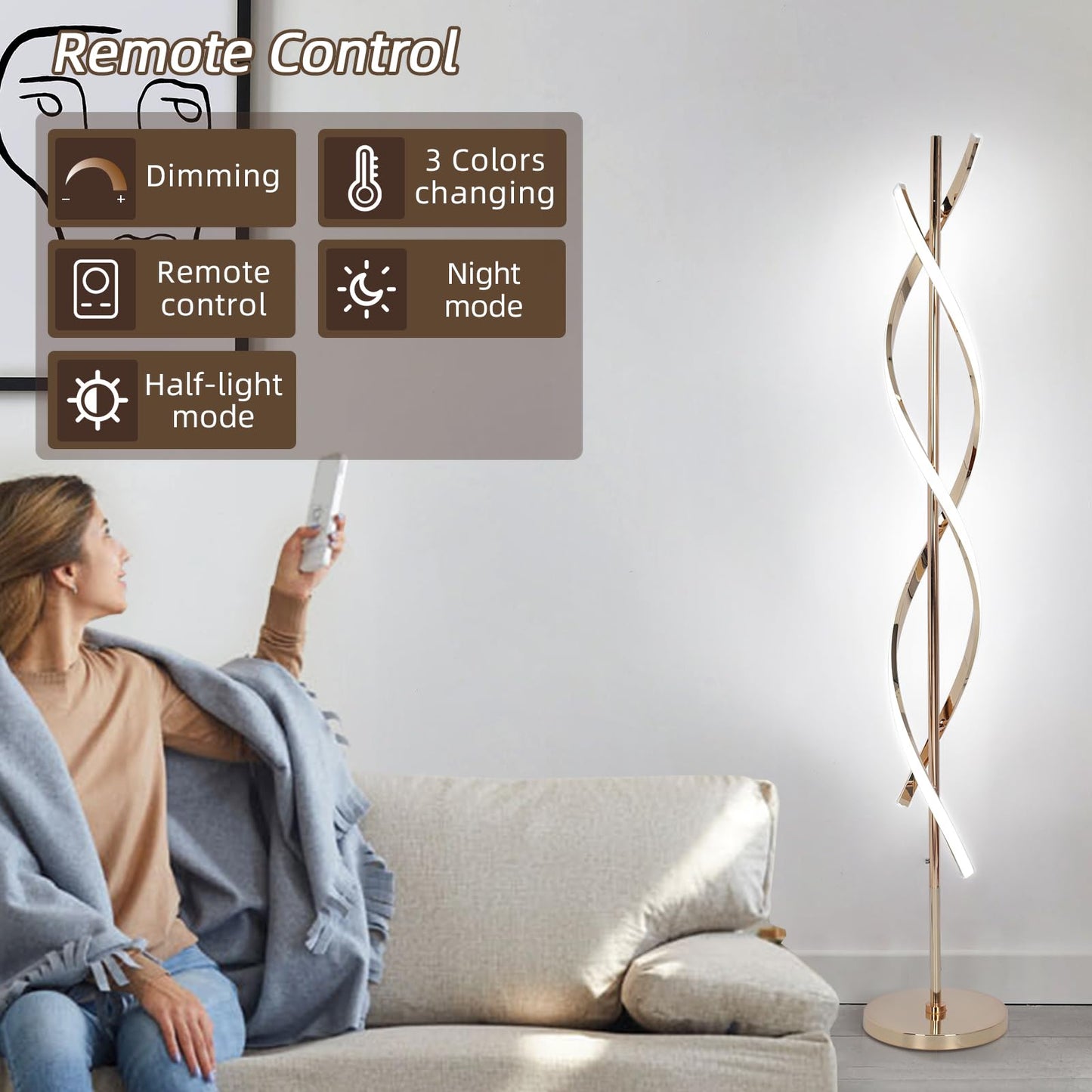 Eidearay Led Modern Floor Lamp, 40W Dimmable, Color-Changing, 60 Spiral Design, Gold, Model Ldd-G1
