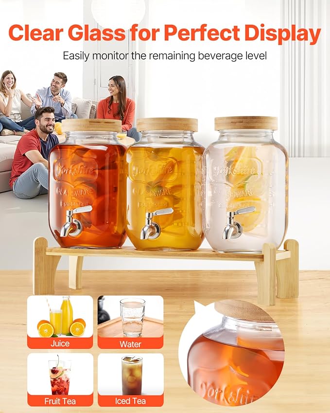 VEVOR Beverage Dispenser, 3 Pack 1 Gallon Drink Dispensers for Parties, Glass Juice Dispenser with Wood Stand, Stainless Steel Spigot, Infuser, Iced Tea Lemonade Juice Water Dispensers for Parties