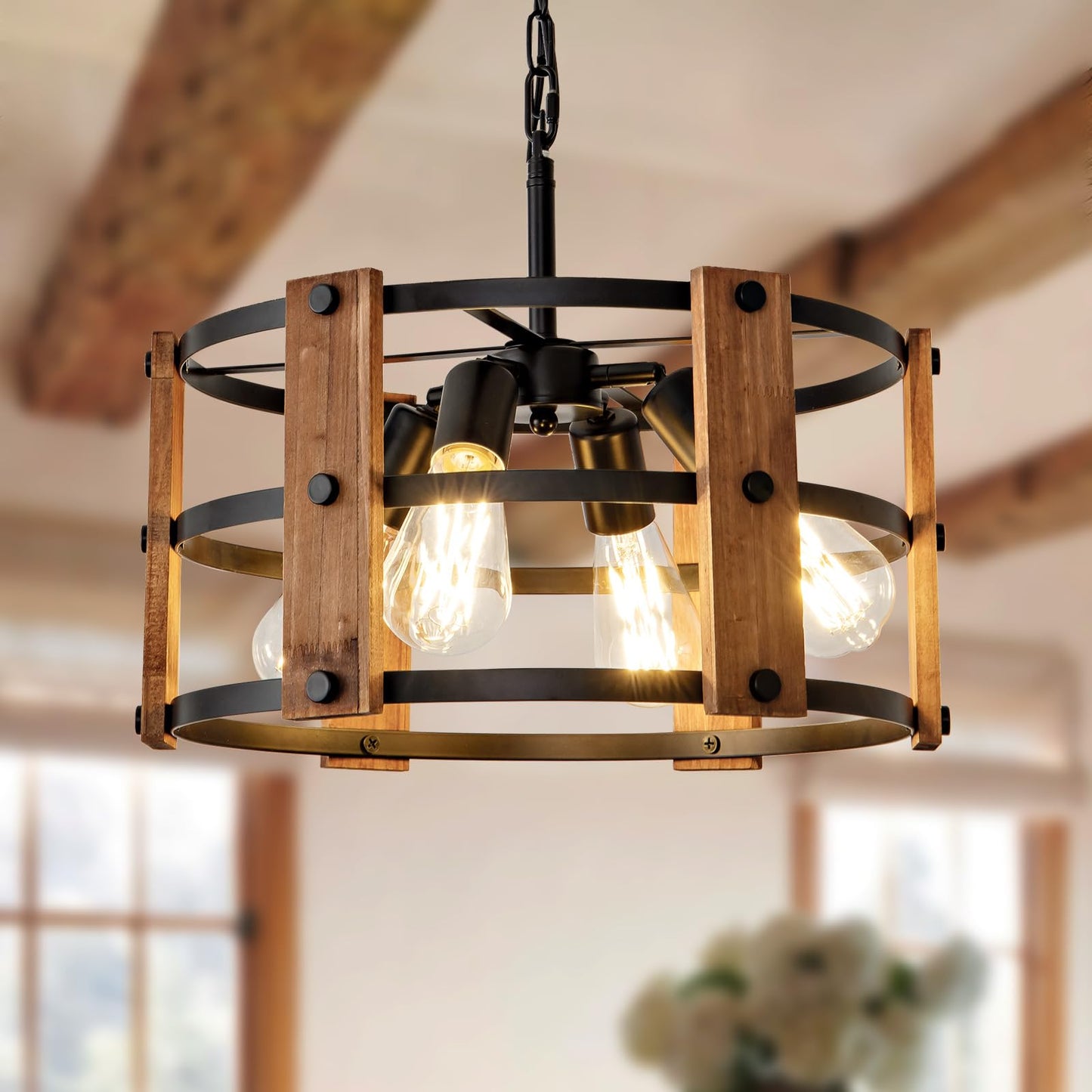 Daoseolo Rustic Farmhouse Chandelier - 4-Light Pendant Fixture, Adjustable Height, Brown Wood, 15.7Inch For Entryway, Kitchen, Living Room
