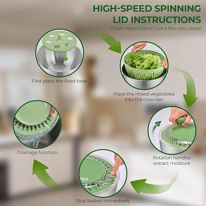 SUSTEAS Stainless Steel Salad Spinner Large, Vegetables Wash Bowl, Fruits & Herb Lettuce Dryer with 5 Blade Slicer Egg Yolk Strainer Shredder for Efficient Salad Preparation and Food Washing, 4.25Qt