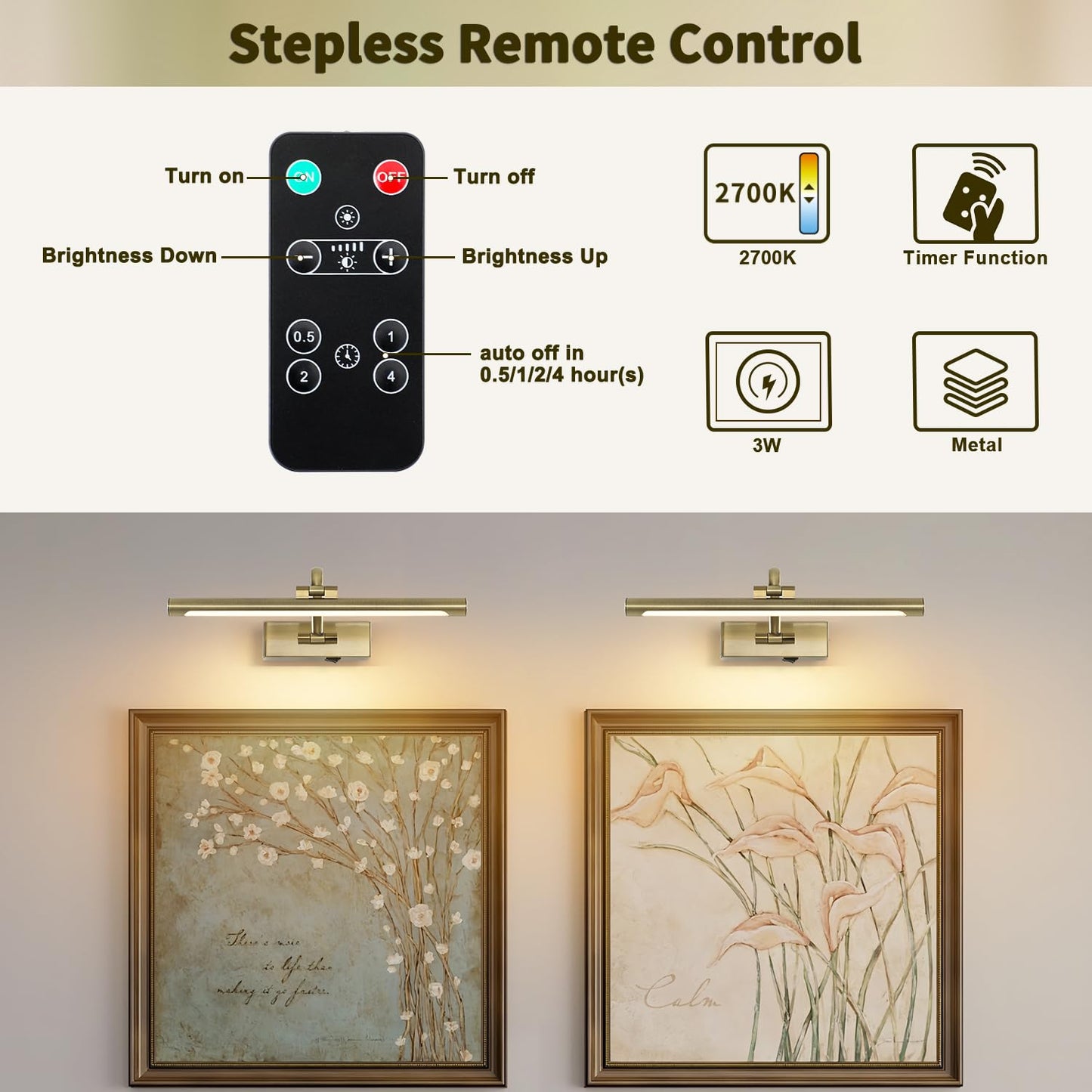 DESOOP Wireless Picture Light, Rechargeable Battery Art Light, Remote & Timer, 16in Antique Bronze, Model 7115