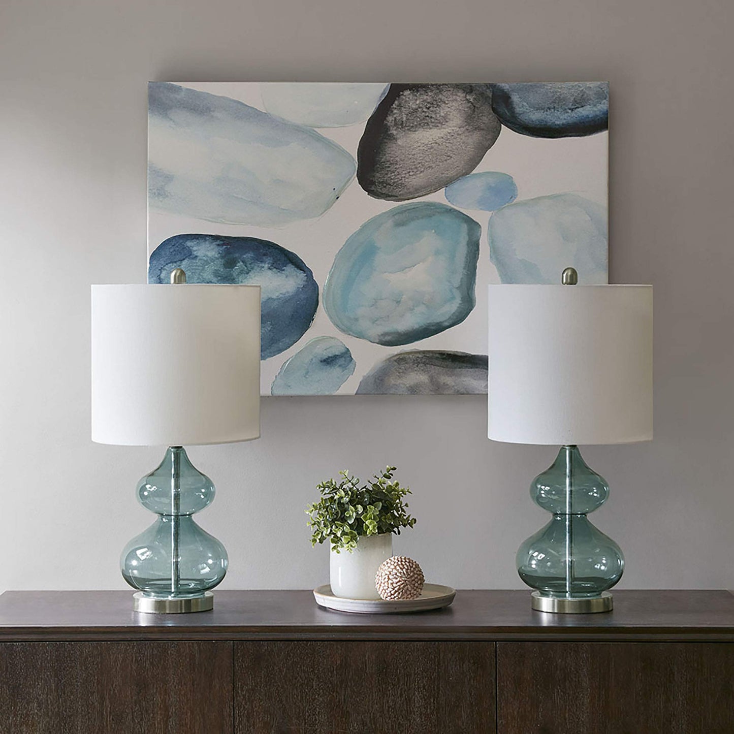 510 DESIGN Ellipse Table Lamp Set of 2, Glass, Brushed Nickel Base, 12inLx12inWx25.25inH, Blue, Model 5DS153-0018